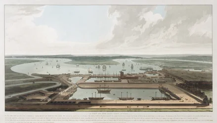 Een uitzicht op de East India Docks, 1808